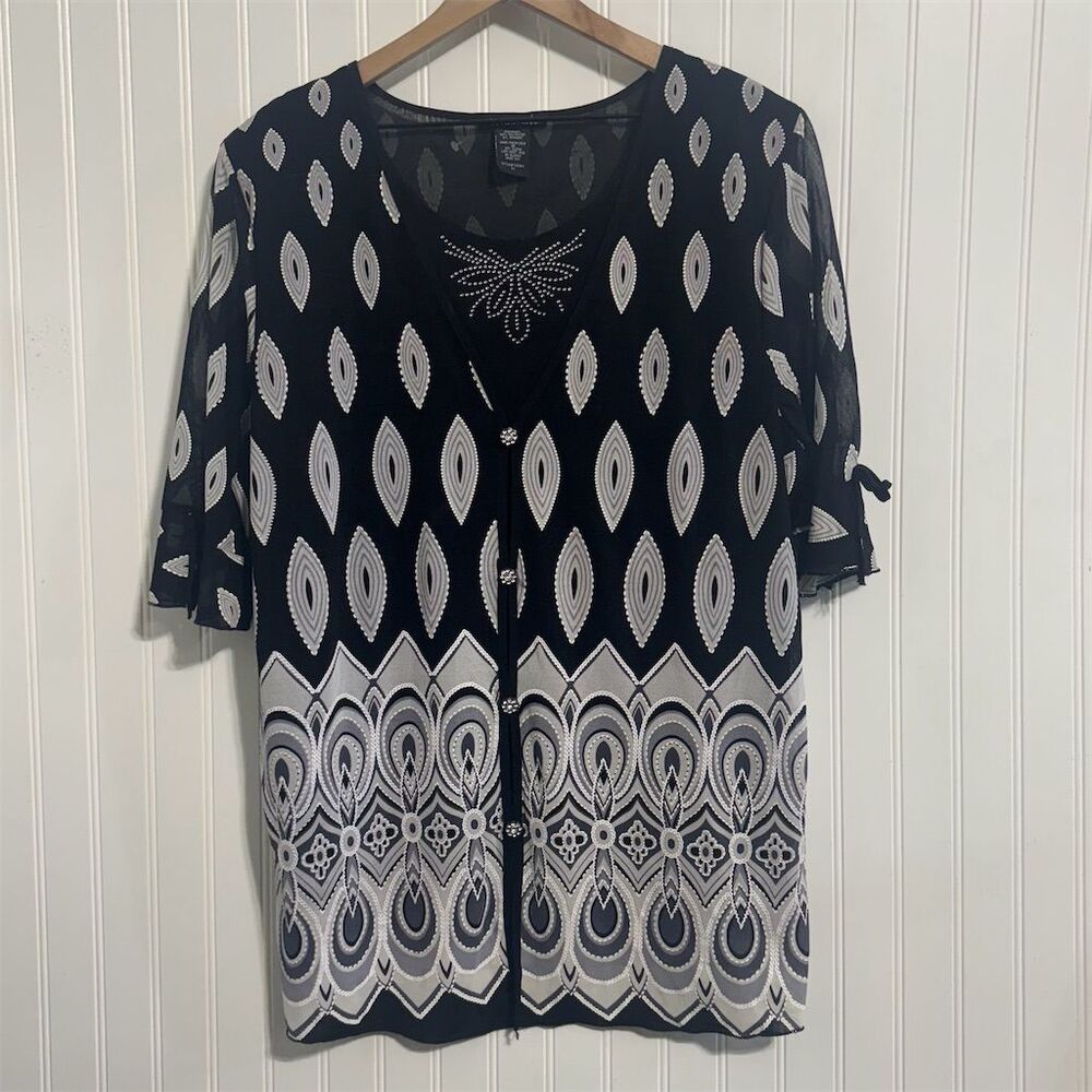 Appointments 3X Plus Black White Top Tunic Rhinestone Layered Print Sheer Sleeve